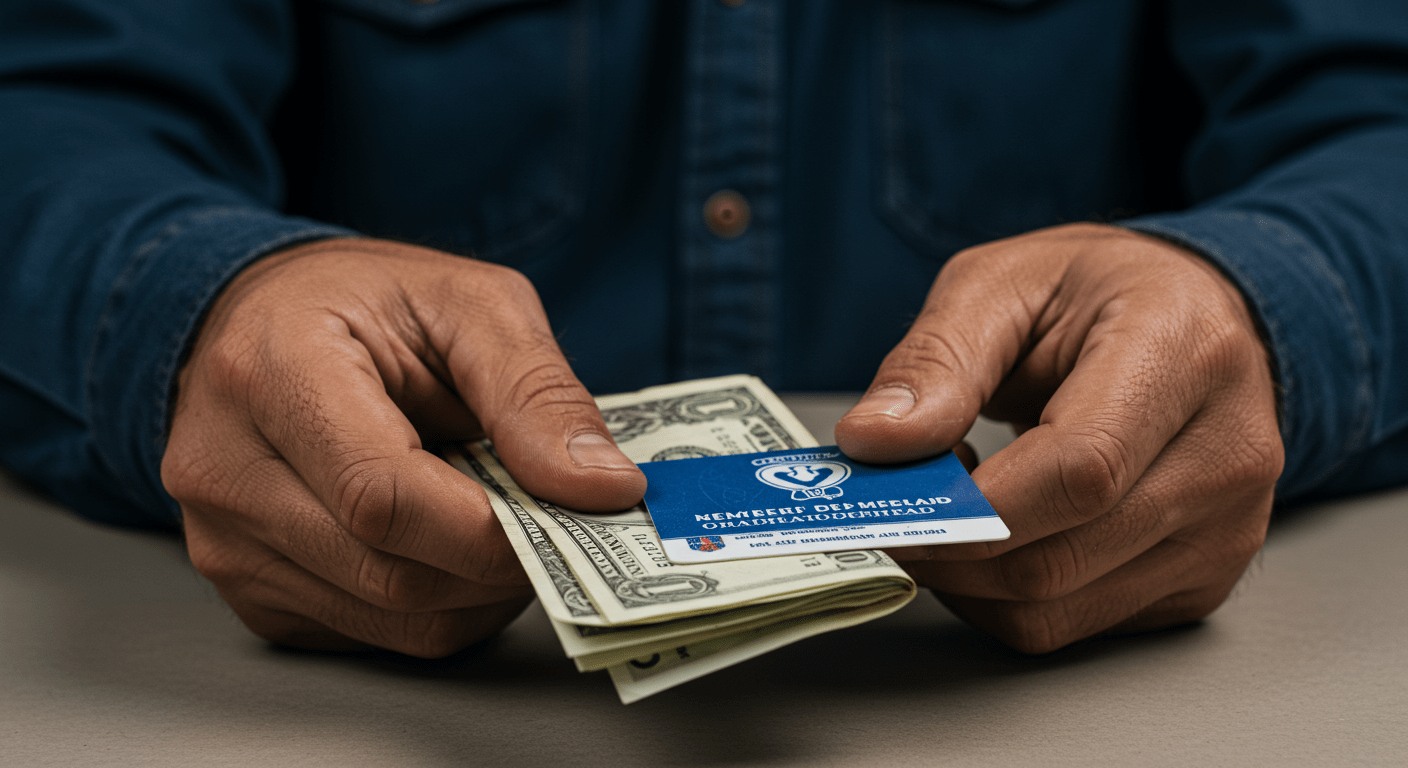 Close-up of a worker's hand holding money alongside a union membership card, symbolizing the process of paying union dues.